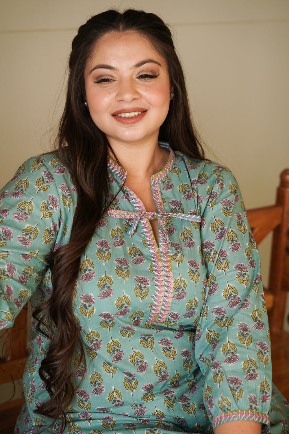 Women's Cotton Green Floral Printed Hilo Kurta Pants Set - (Set Of 2) - Nangalia Ruchira