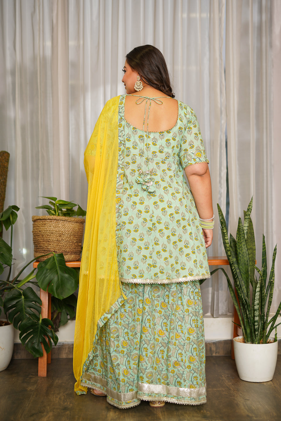 Women's Mint Yellow Gotta Lace Sharara Set - (Set Of 3) - Nangalia Ruchira
