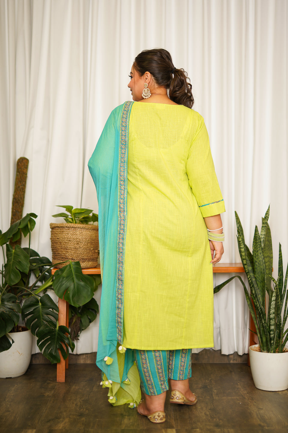 Women's Lime Green Straight Cotton Slub Kurta Suit Set - (Set Of 3) - Nangalia Ruchira