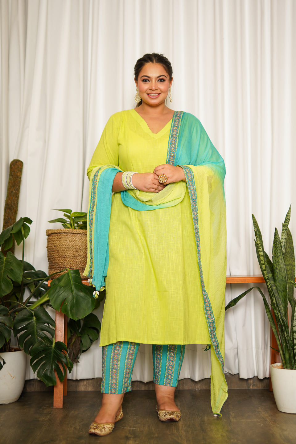 Women's Lime Green Straight Cotton Slub Kurta Suit Set - (Set Of 3) - Nangalia Ruchira
