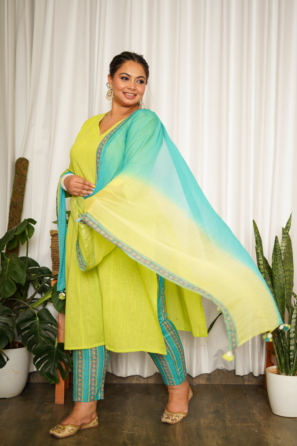 Women's Lime Green Straight Cotton Slub Kurta Suit Set - (Set Of 3) - Nangalia Ruchira