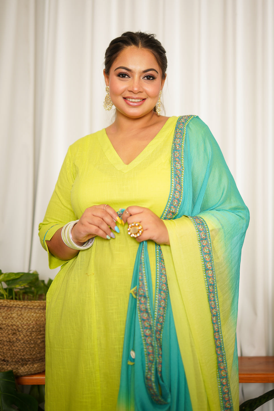Women's Lime Green Straight Cotton Slub Kurta Suit Set - (Set Of 3) - Nangalia Ruchira