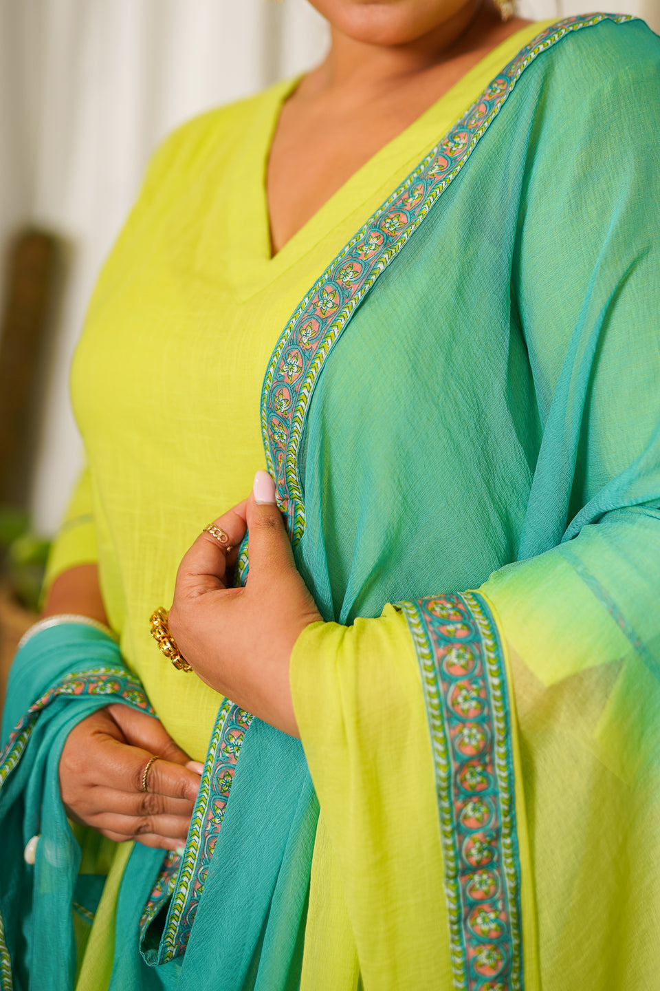 Women's Lime Green Straight Cotton Slub Kurta Suit Set - (Set Of 3) - Nangalia Ruchira