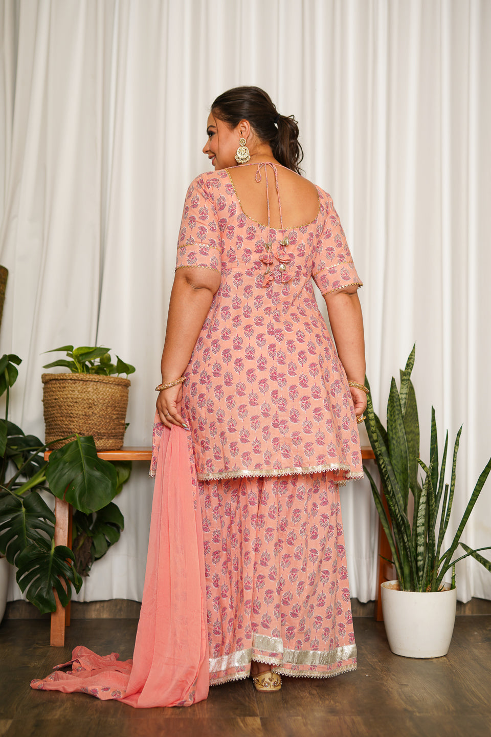 Women's Peach Gotta Lace Sharara Set - (Set Of 3) - Nangalia Ruchira