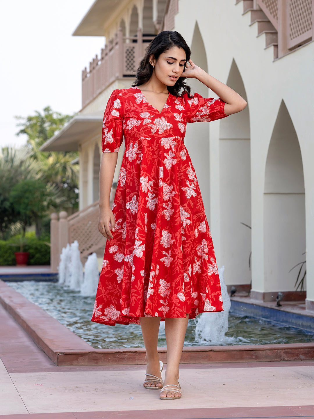 Women's Red Cotton Floral Pri Red / L