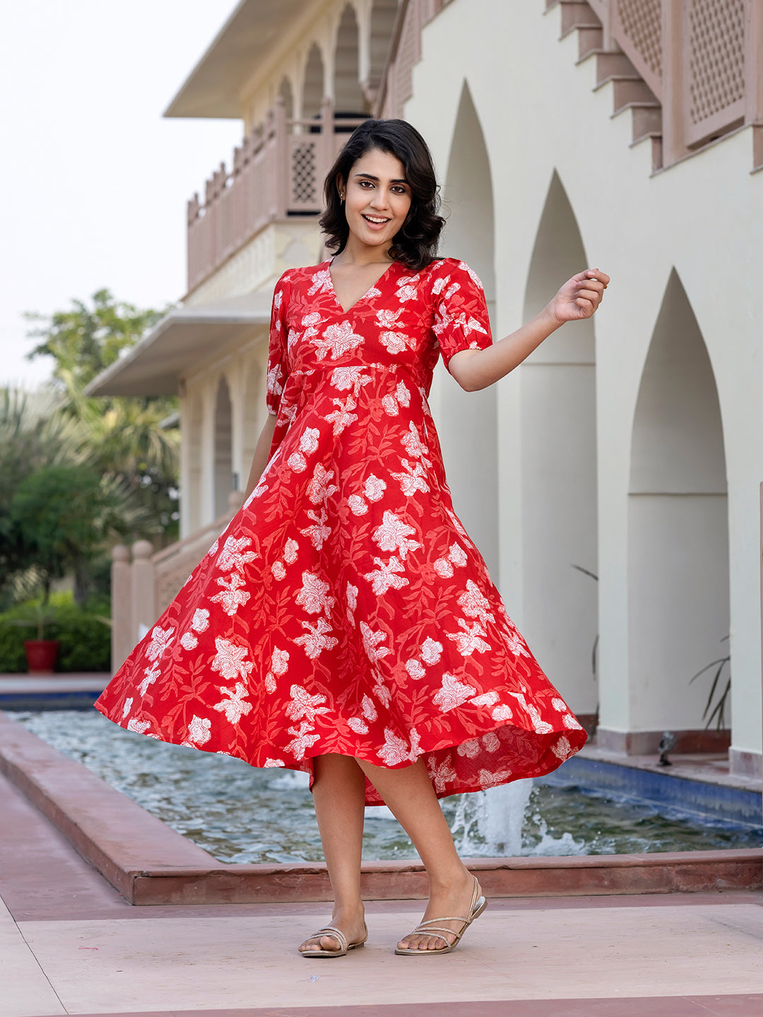 Women's Red Cotton Floral Pri Red / L