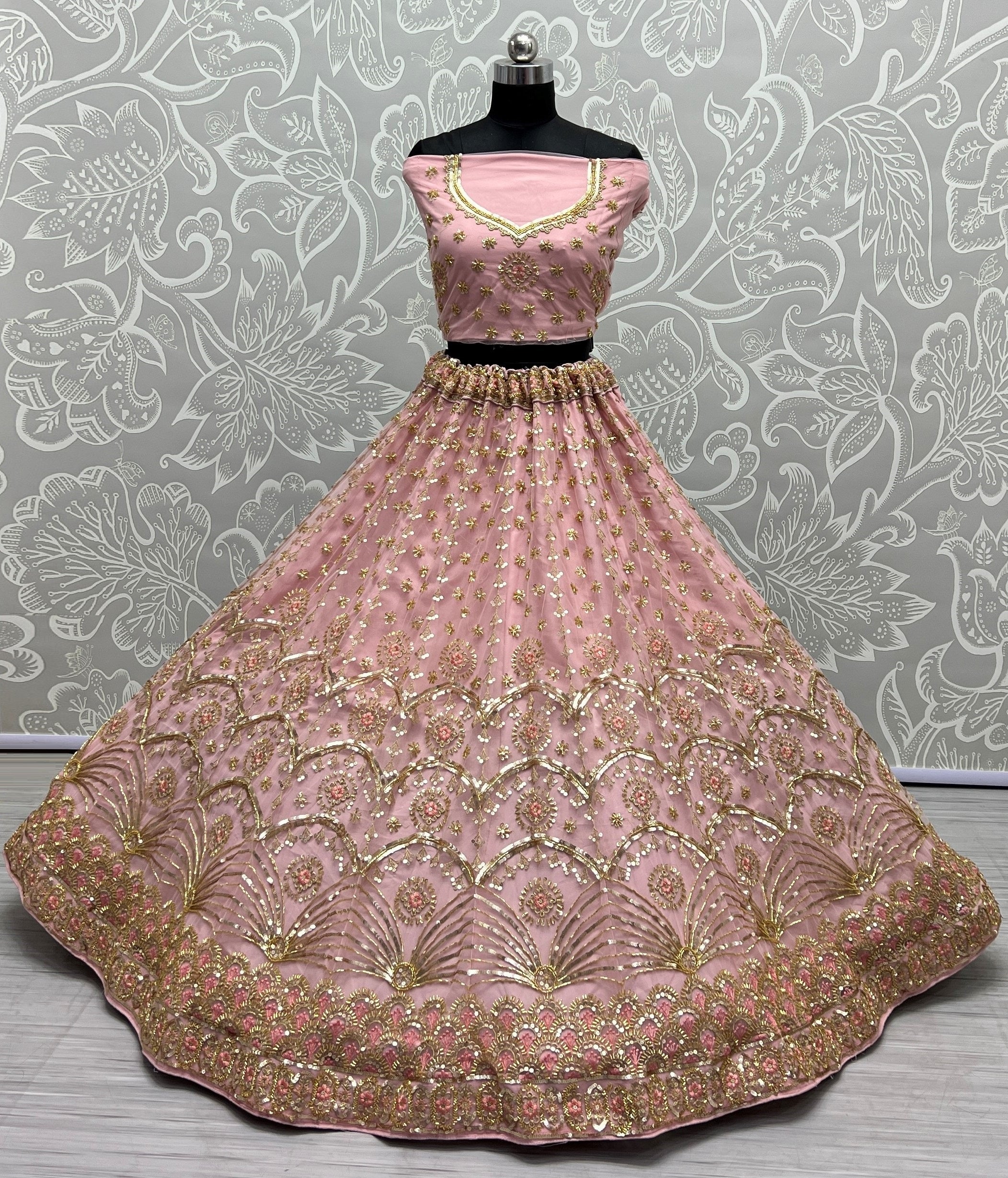 Women's Pink Bridal Net Fancy Sequins With Multi Thread Embroidered & Handwork Wedding Lehenga Choli - Jyoti Fashion