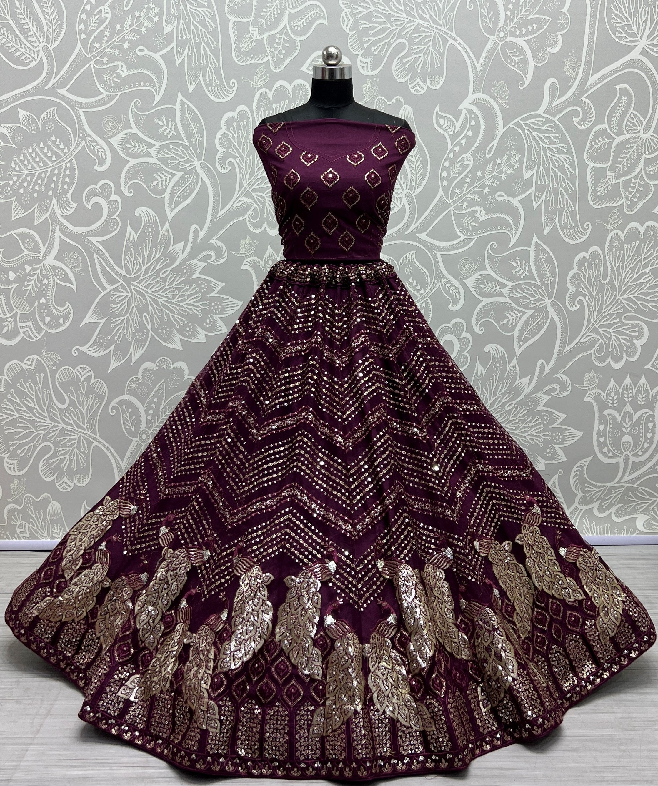 Women's Purple Bridal Net Fancy Foil & Sequins With Multi Thread Embroidered Wedding Lehenga Choli - Jyoti Fashion