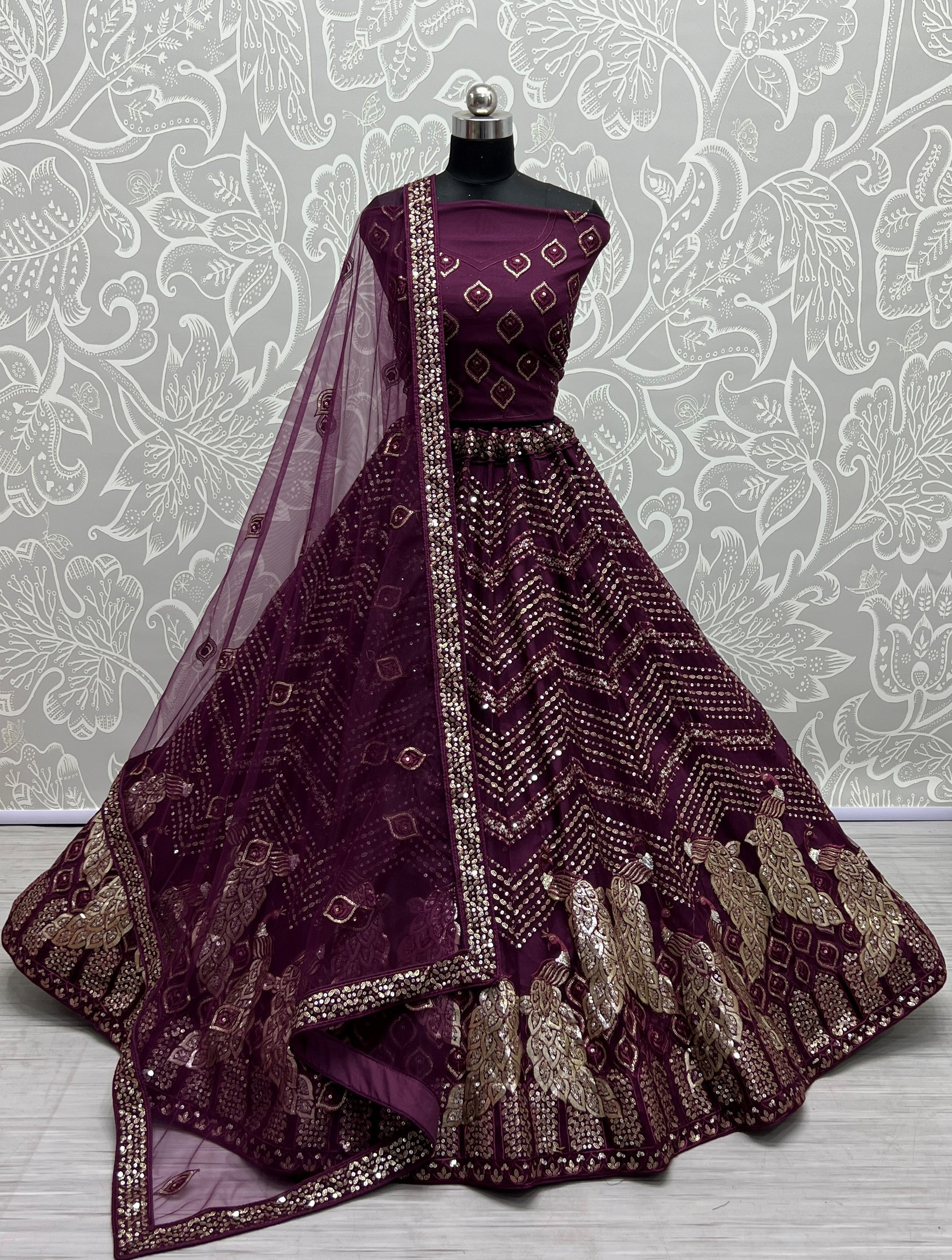 Women's Purple Bridal Net Fancy Foil & Sequins With Multi Thread Embroidered Wedding Lehenga Choli - Jyoti Fashion