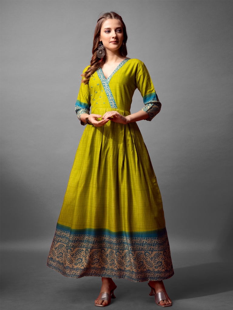 Women's Parrot Green Cotton Blend Printed Designer Anarkali Dress Green / S | Trendia Global Women's Parrot Green Cotton Blend Printed Designer Anarkali Dress Green / S | Trendia Global