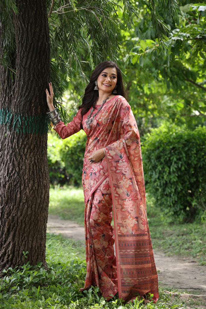 Women's Maroon soft Tussar silk Printed And Zari Woven saree With Blouse