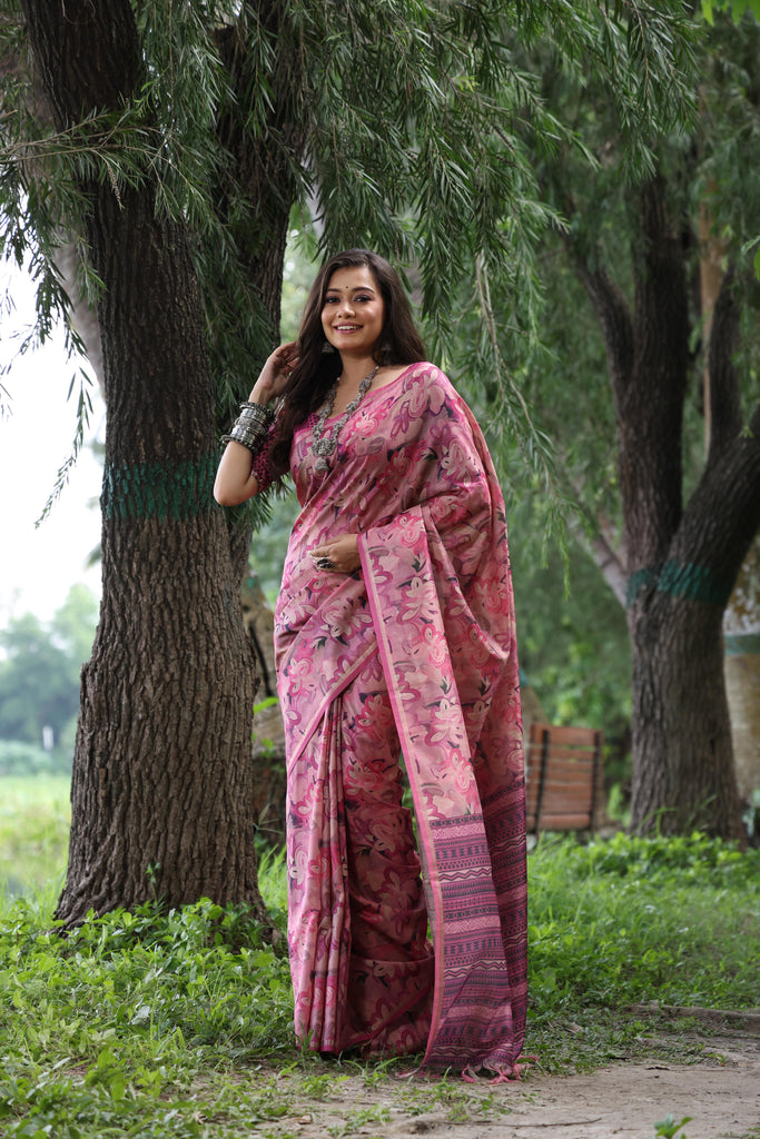 Women's Wine soft Tussar silk Printed And Zari Woven saree With Blouse