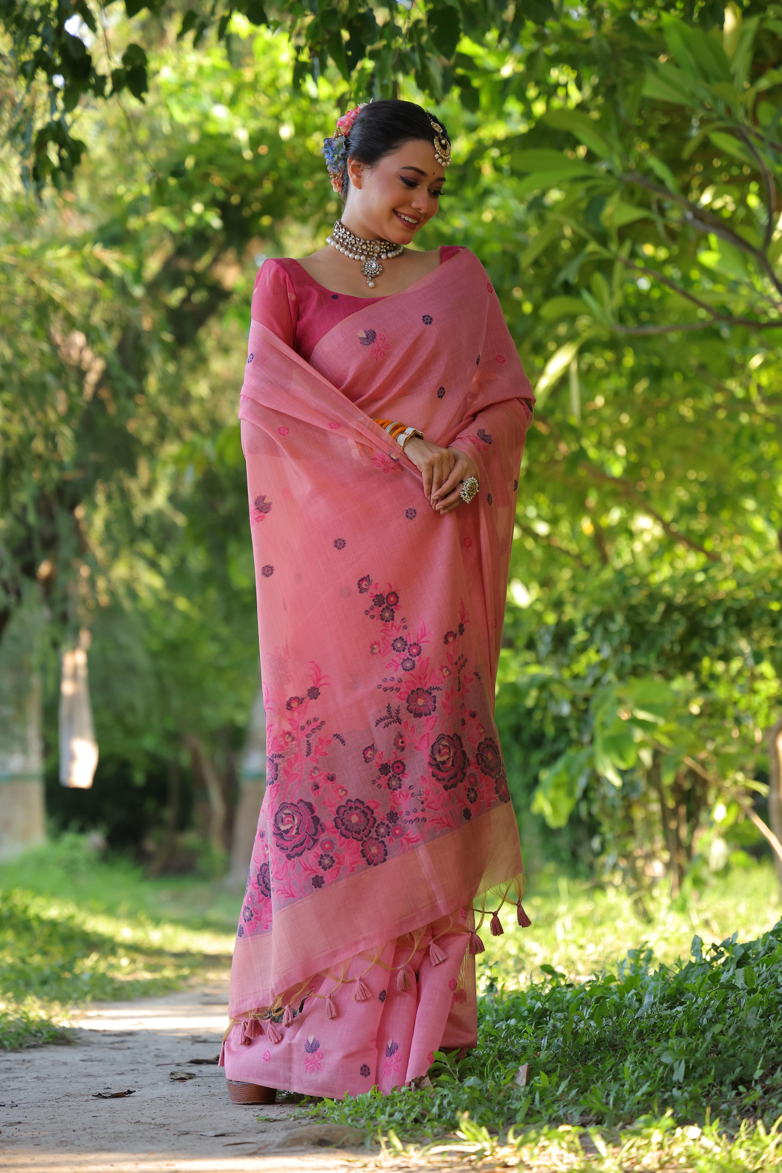 Women's Pink soft Muga Cotton Floral Weaving Traditional saree With Blouse - Jyoti Fashion