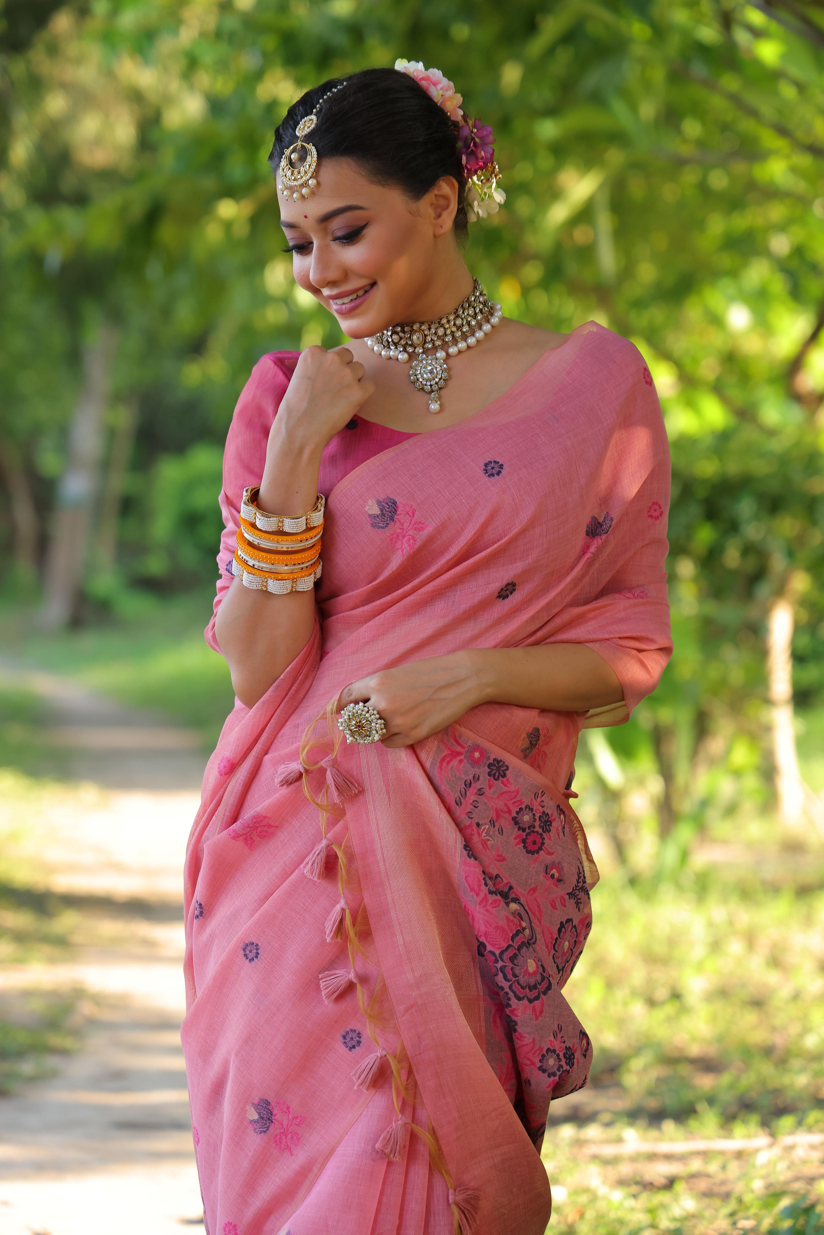 Women's Pink soft Muga Cotton Floral Weaving Traditional saree With Blouse - Jyoti Fashion