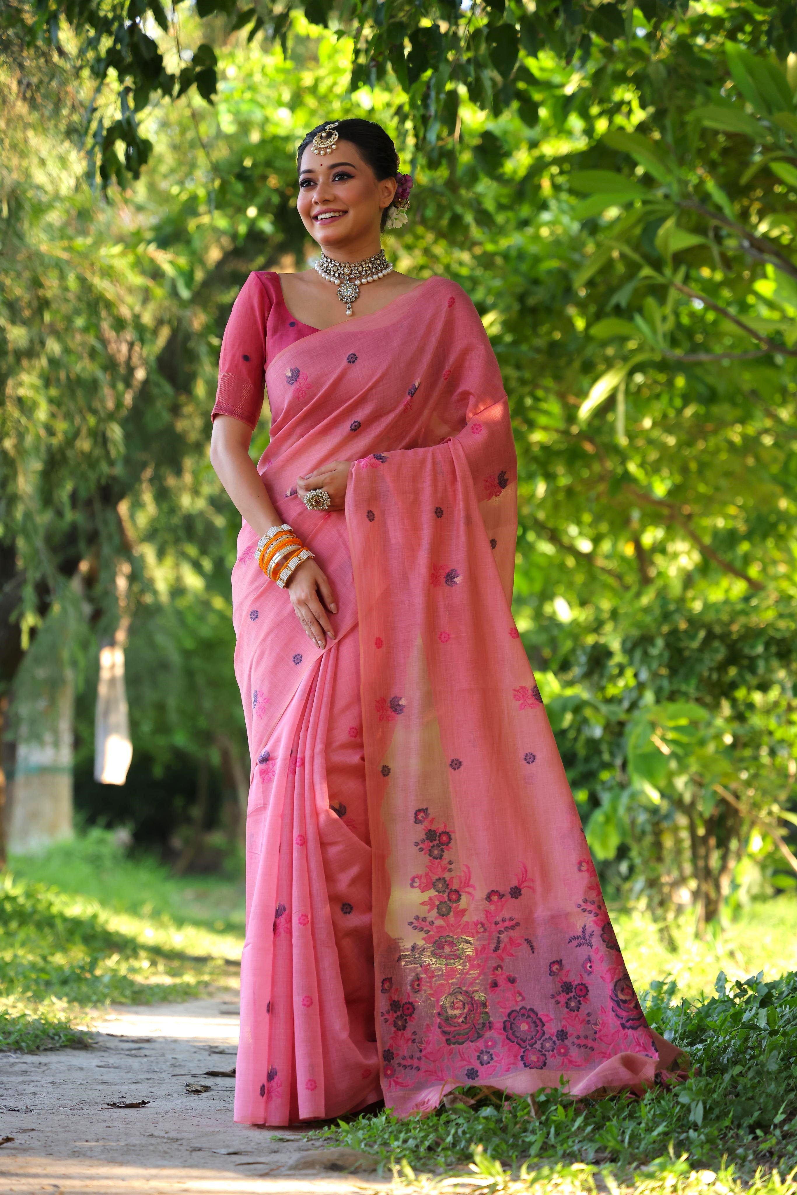 Women's Pink soft Muga Cotton Floral Weaving Traditional saree With Blouse - Jyoti Fashion