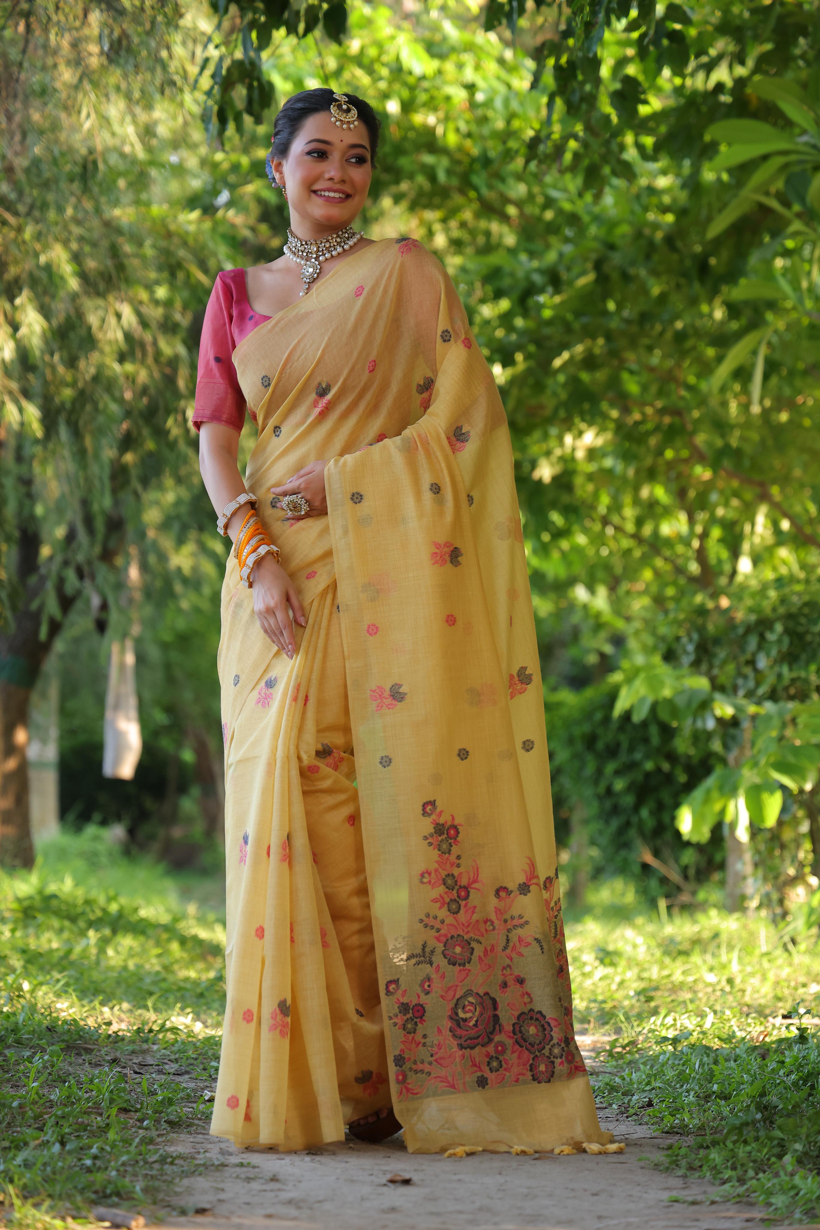 Women's Mustard soft Muga Cotton Floral Weaving Traditional saree With Blouse - Jyoti Fashion