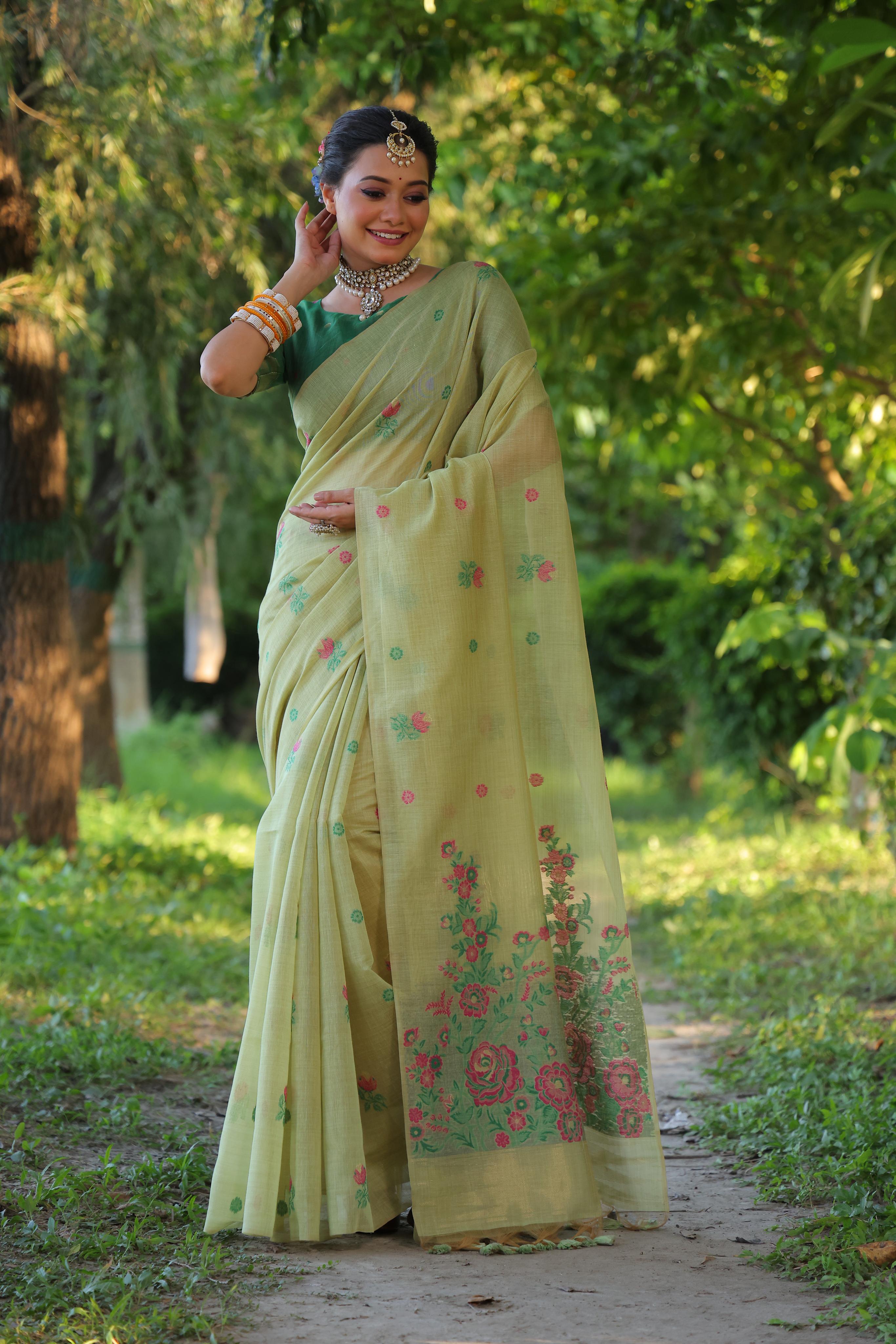 Women's sea Green soft Muga Cotton Floral Weaving Traditional saree With Blouse - Jyoti Fashion