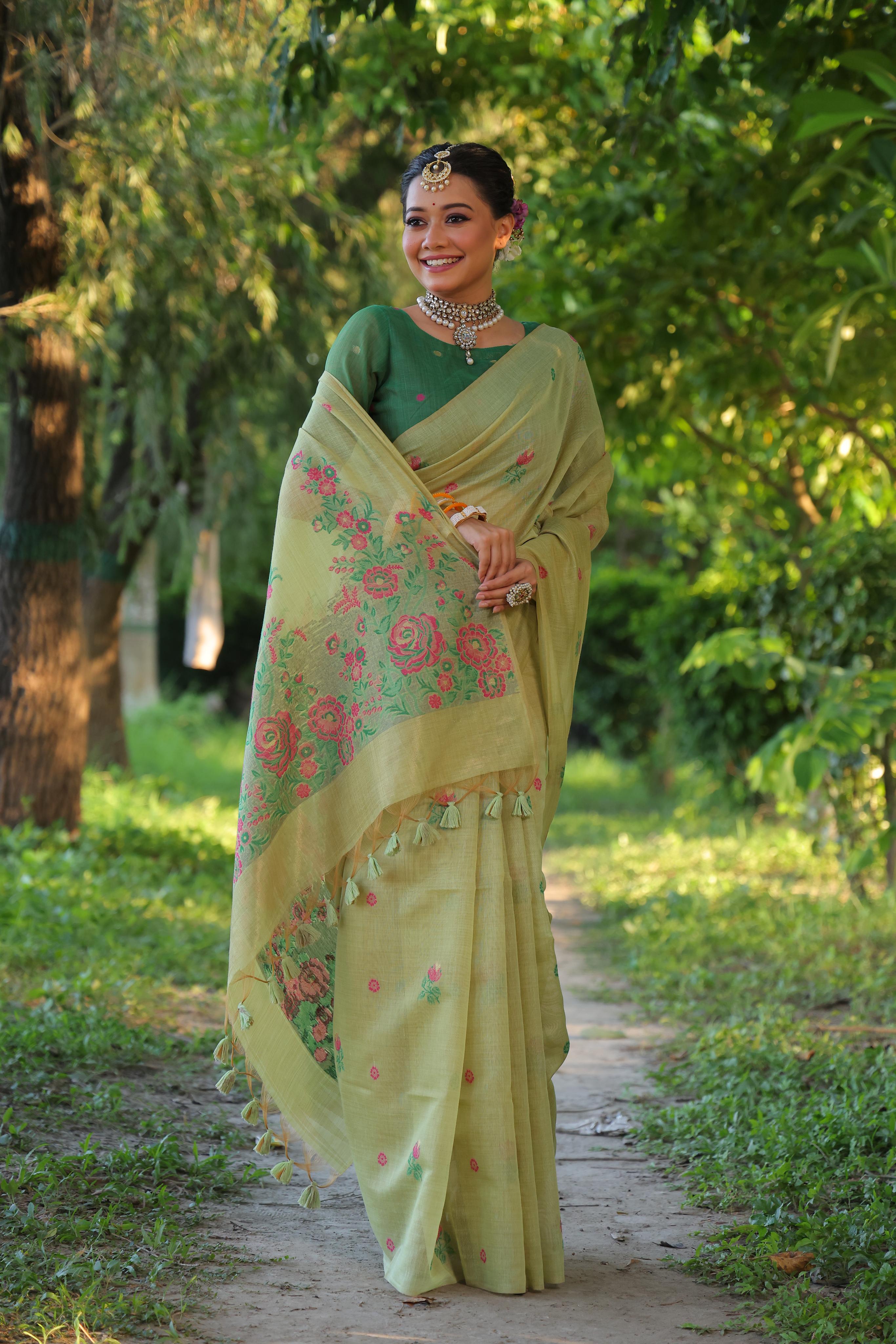 Women's sea Green soft Muga Cotton Floral Weaving Traditional saree With Blouse - Jyoti Fashion