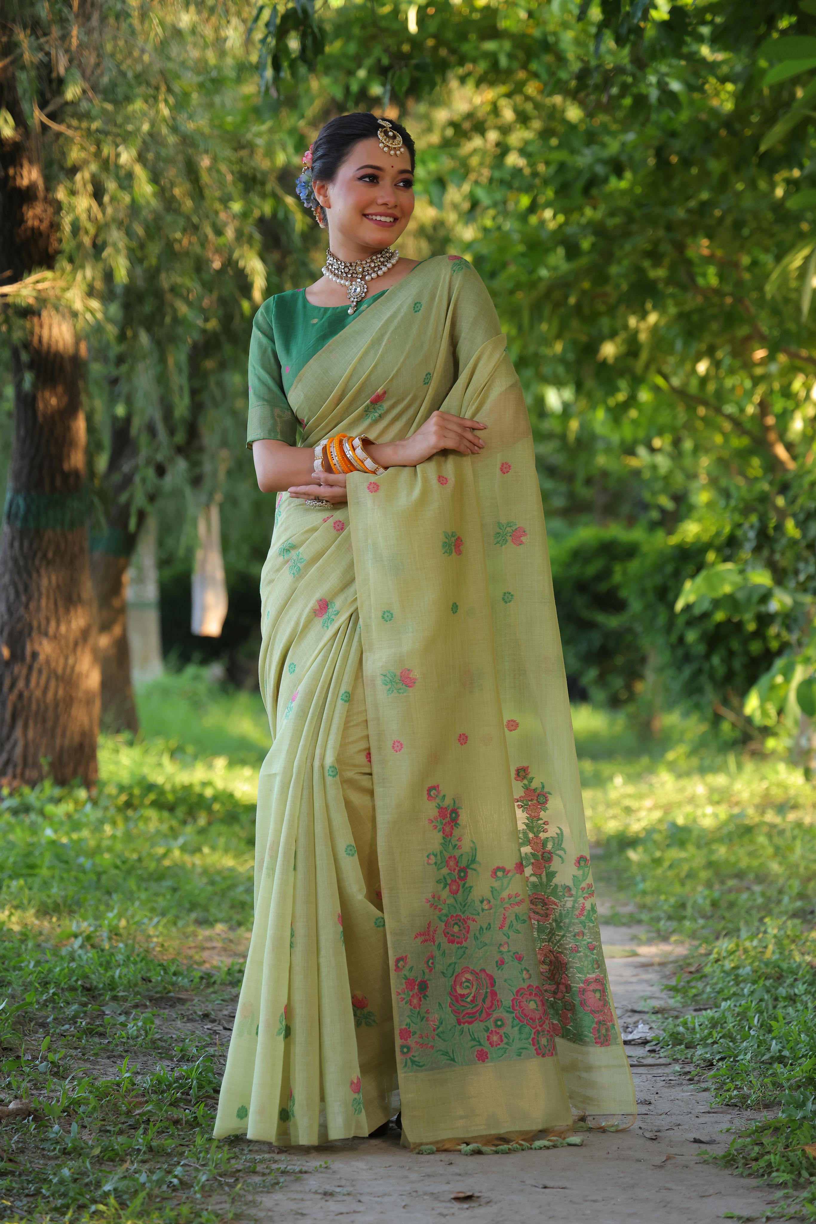 Women's sea Green soft Muga Cotton Floral Weaving Traditional saree With Blouse - Jyoti Fashion