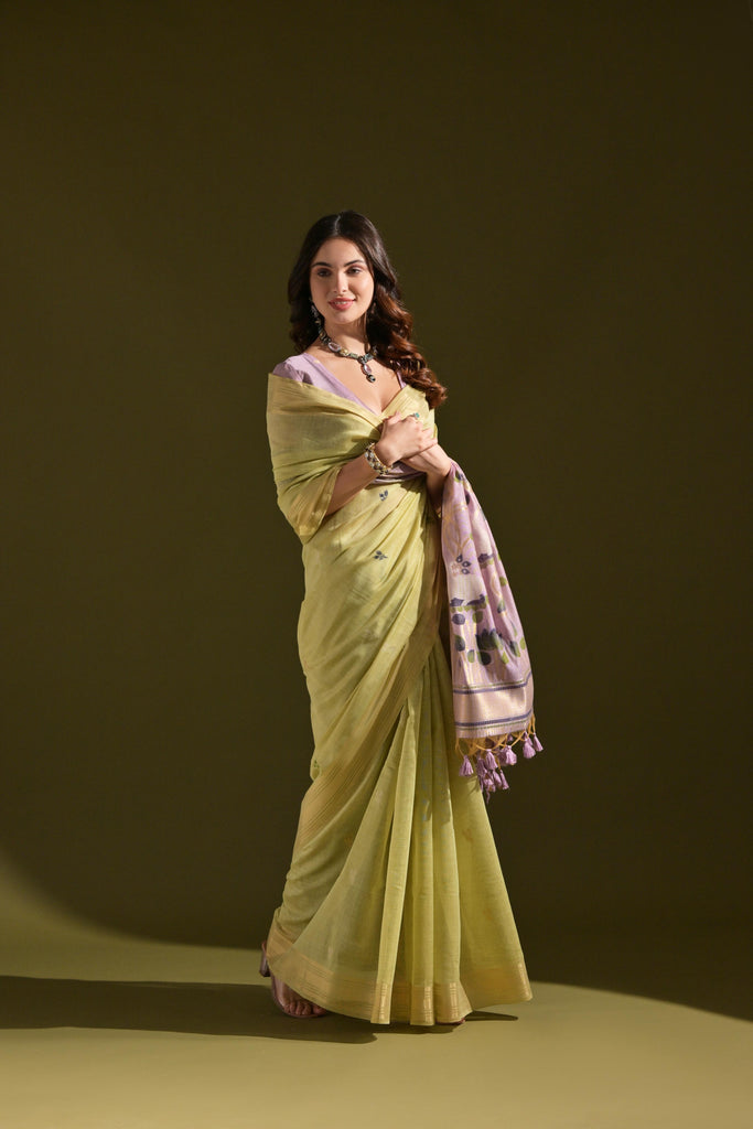 Women's Green soft Muga Cotton Resham Zari Weaving Traditional saree With Blouse