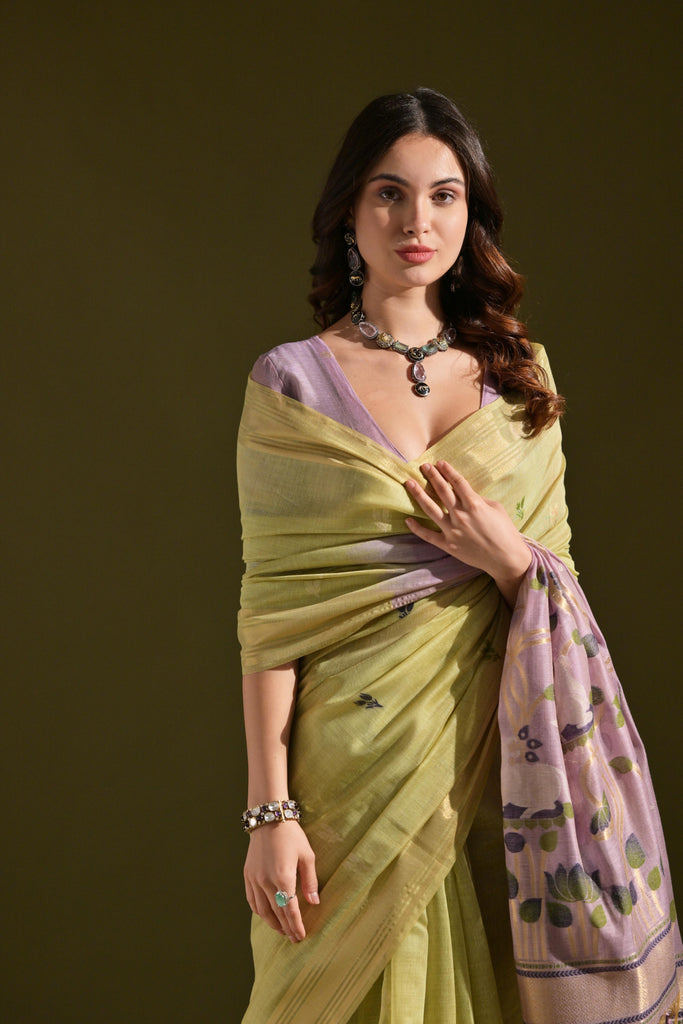Women's Green soft Muga Cotton Resham Zari Weaving Traditional saree With Blouse