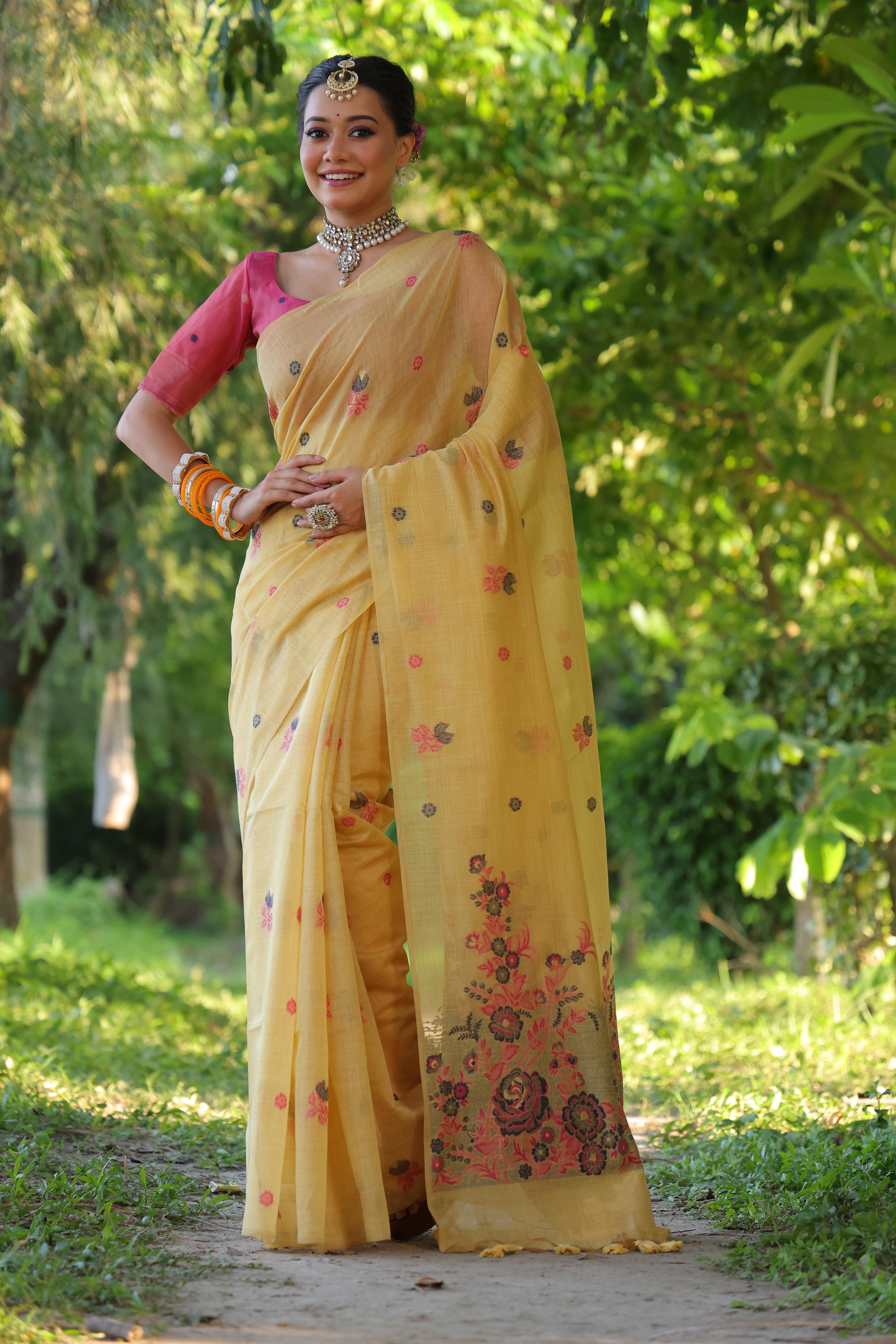 Women's Mustard soft Muga Cotton Floral Weaving Traditional saree With Blouse - Jyoti Fashion