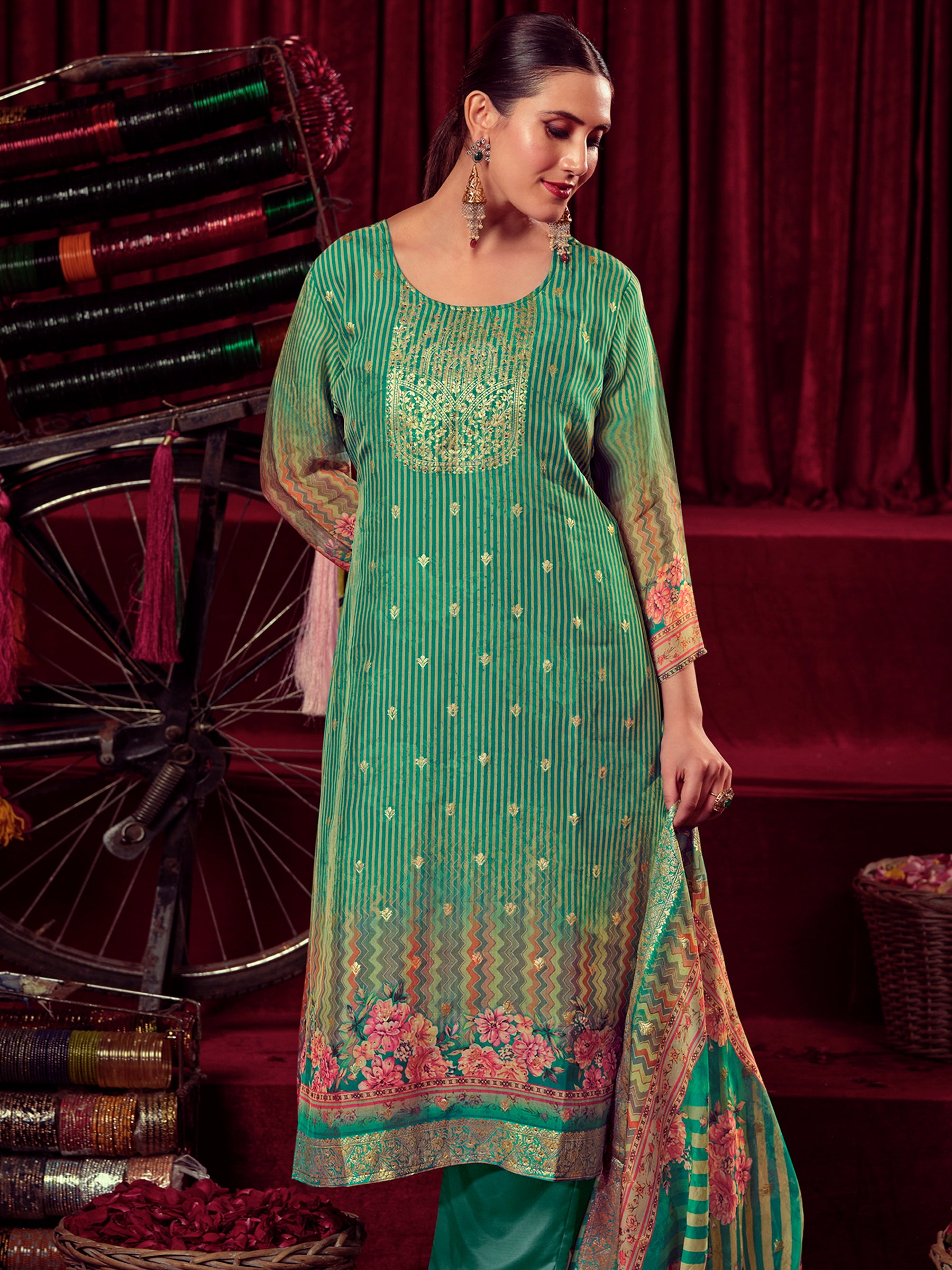 Women's Green Organza Jacquard Woven Unstitched Dress Material Trendia Women's Green Organza Jacquard Woven Unstitched Dress Material Trendia