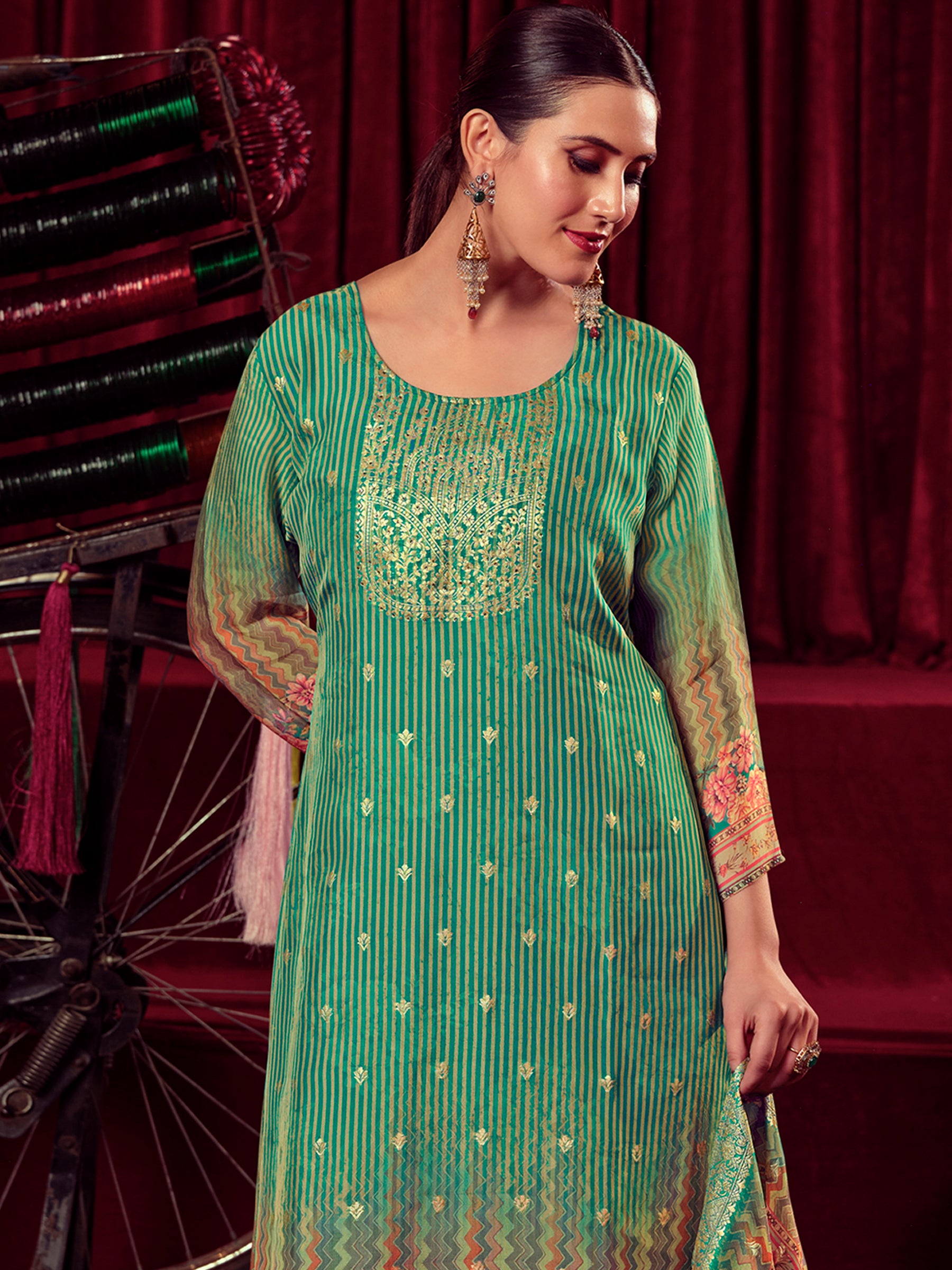 Women's Green Organza Jacquard Woven Unstitched Dress Material Trendia Women's Green Organza Jacquard Woven Unstitched Dress Material Trendia