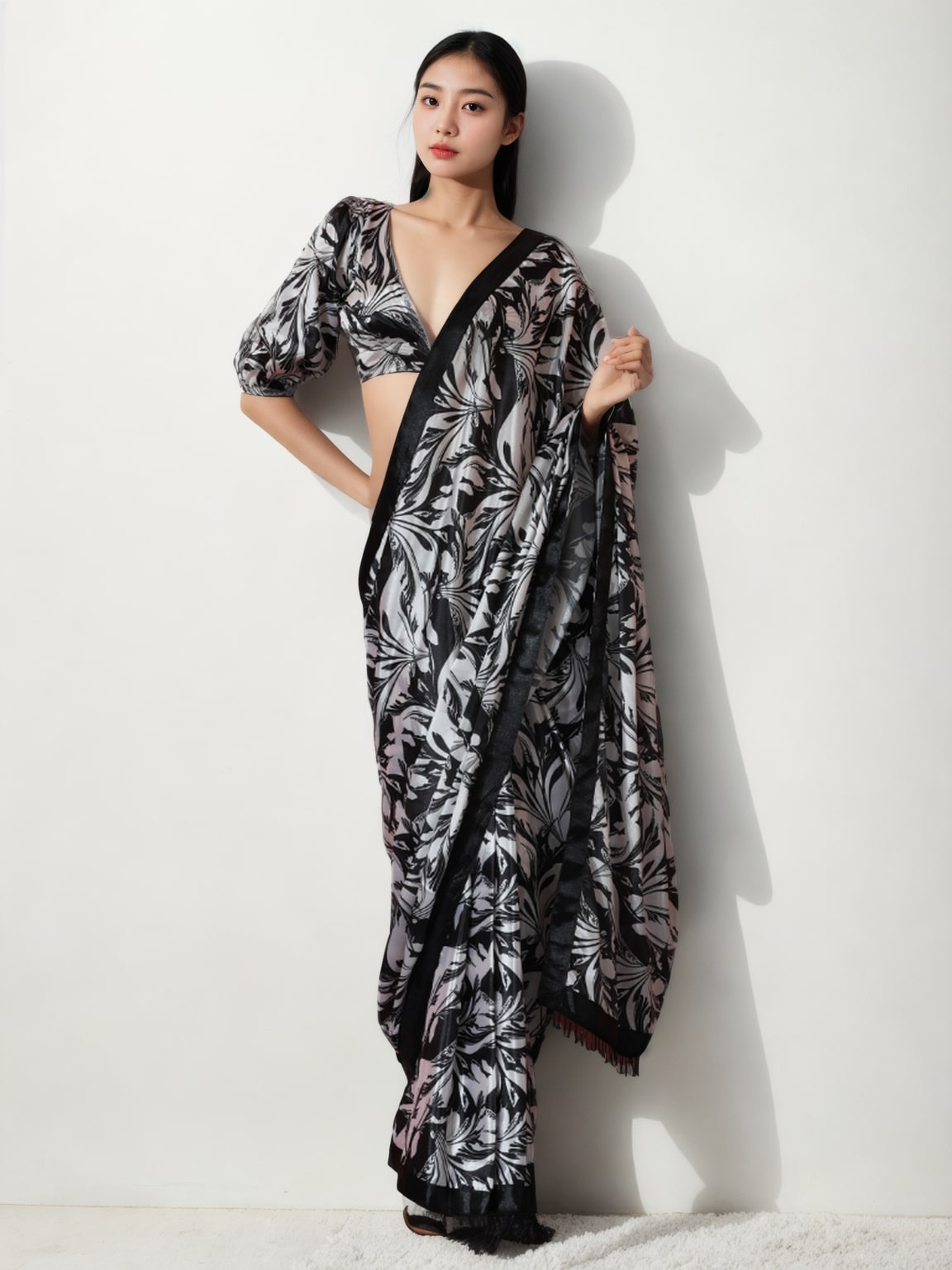 Women's Black Chinon Digital Printed Ready To Wear saree With Blouse - Jyoti Fashion