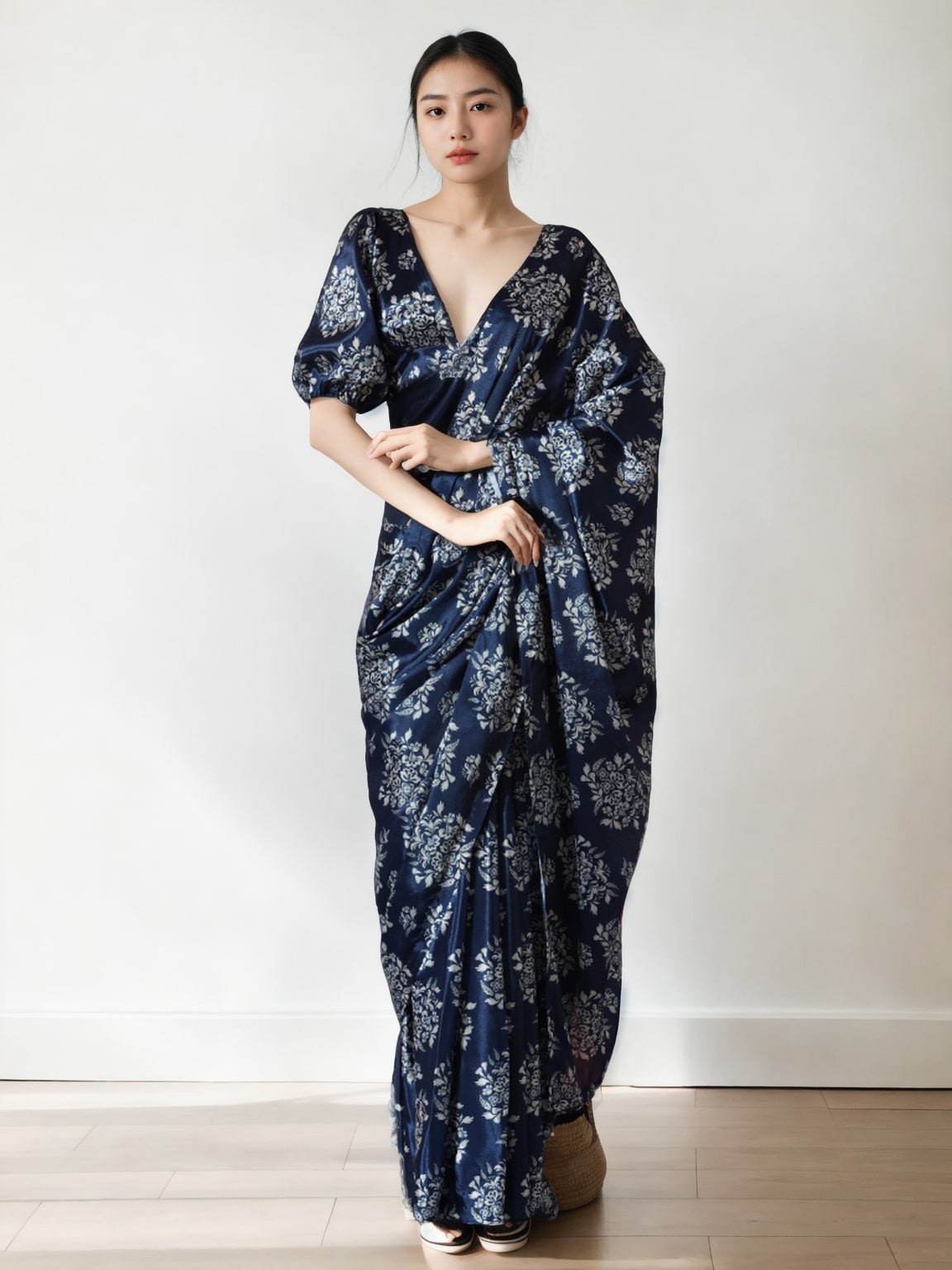 Women's Navy Blue Chinon Digital Printed Ready To Wear saree With Blouse - Jyoti Fashion