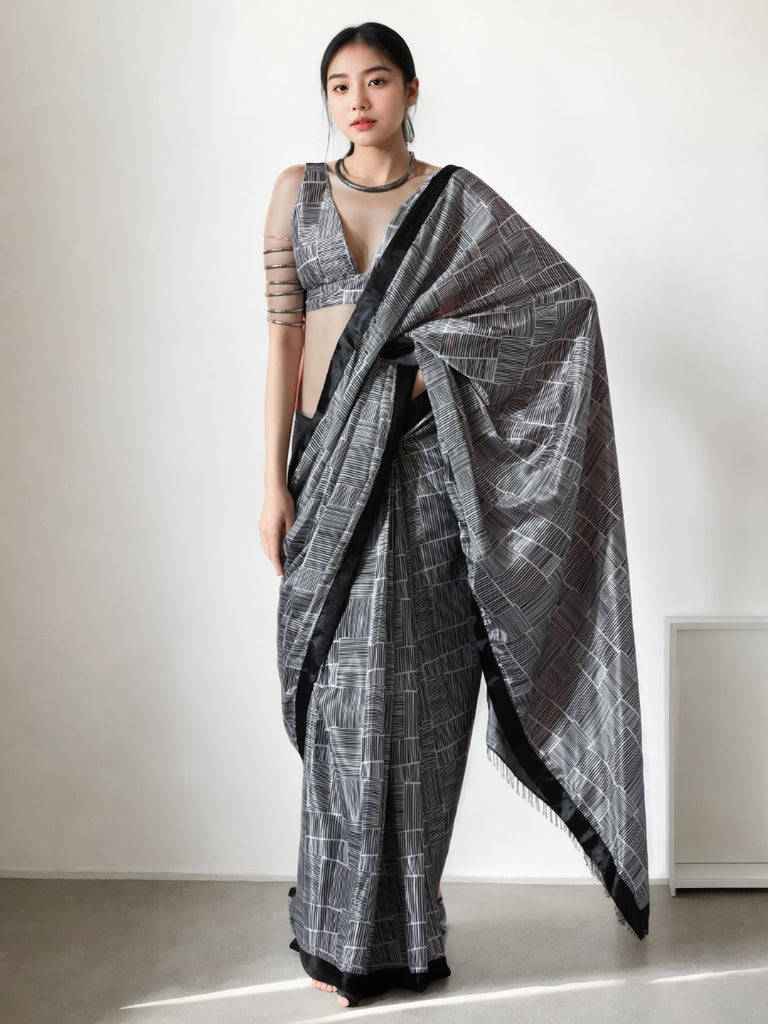 Women's Grey CHINON Digital Printed Ready To Wear saree With Blouse