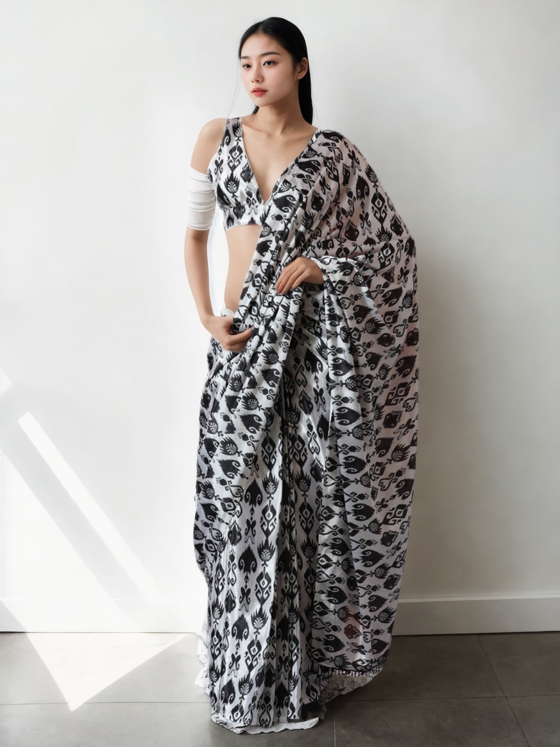 Women's Black Chinon Digital Printed Ready To Wear saree With Blouse - Jyoti Fashion