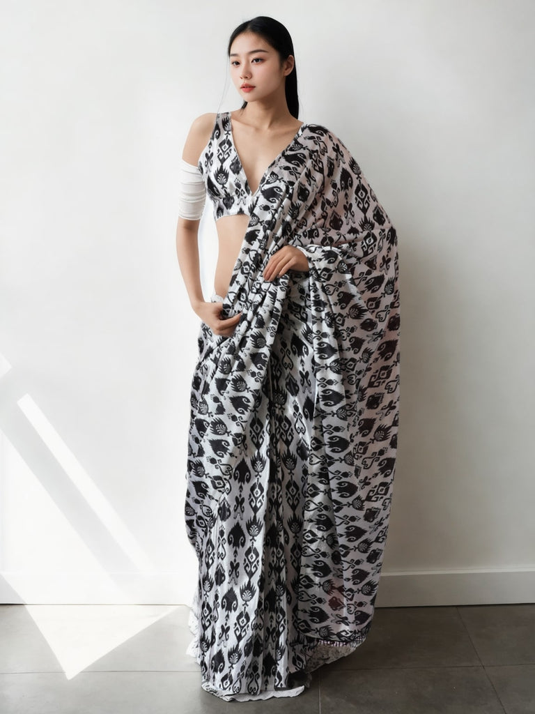 Women's Black CHINON Digital Printed Ready To Wear saree With Blouse
