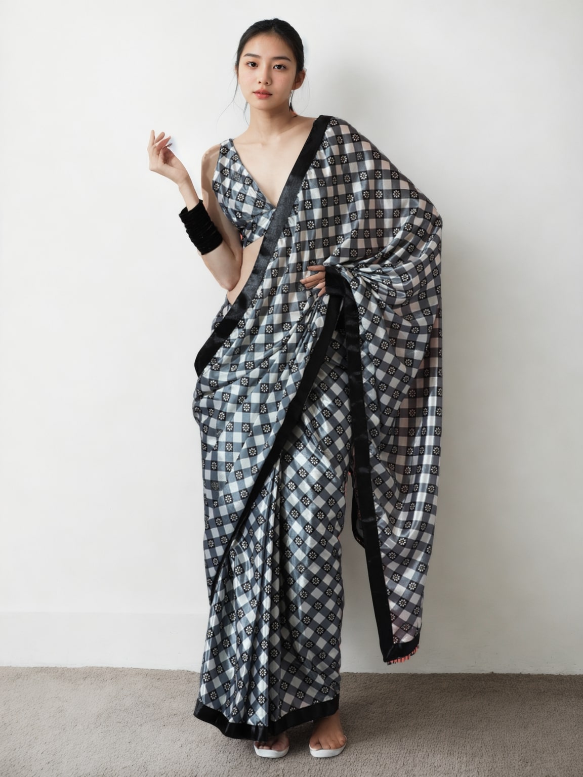 Women's Grey Chinon Digital Printed Ready To Wear saree With Blouse - Jyoti Fashion
