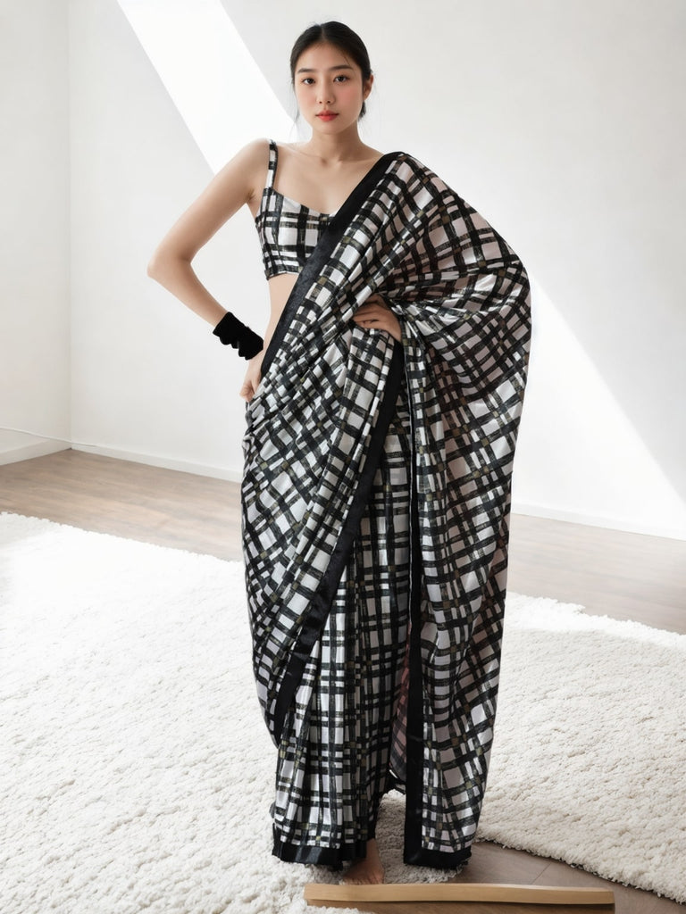 Women's Black CHINON Digital Printed Ready To Wear saree With Blouse