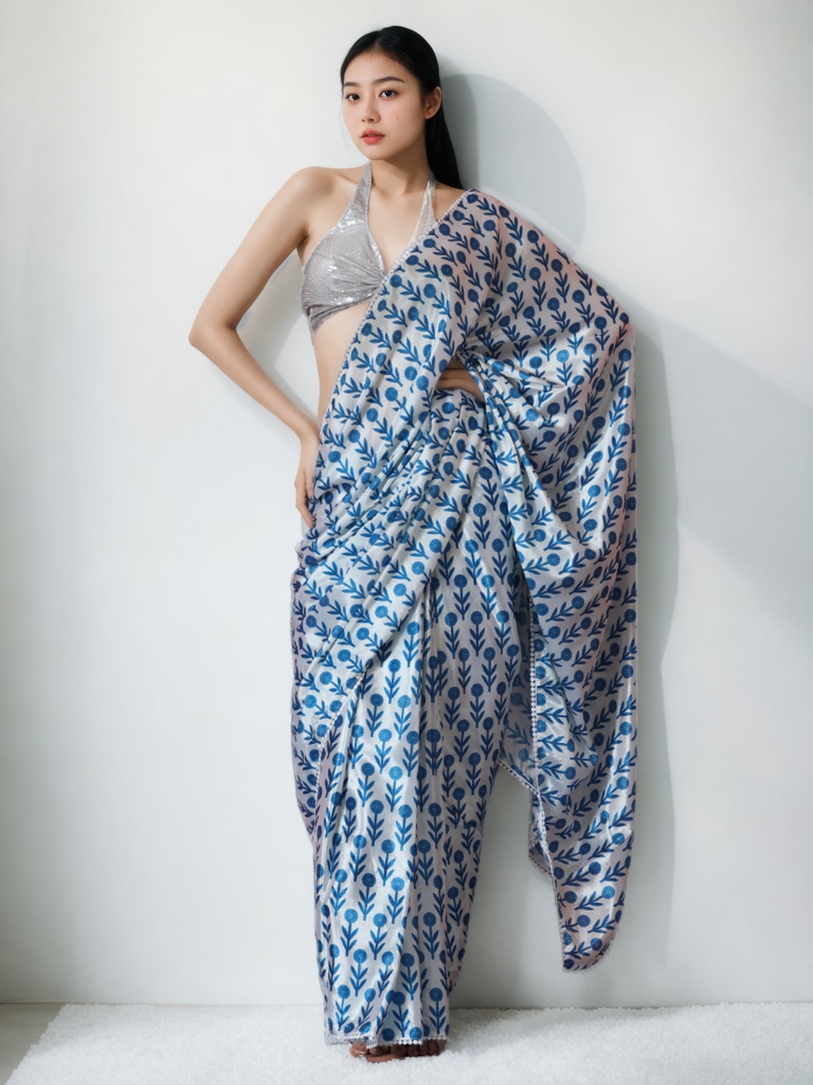 Women's sky Blue Chinon Digital Printed Ready To Wear saree With Blouse - Jyoti Fashion