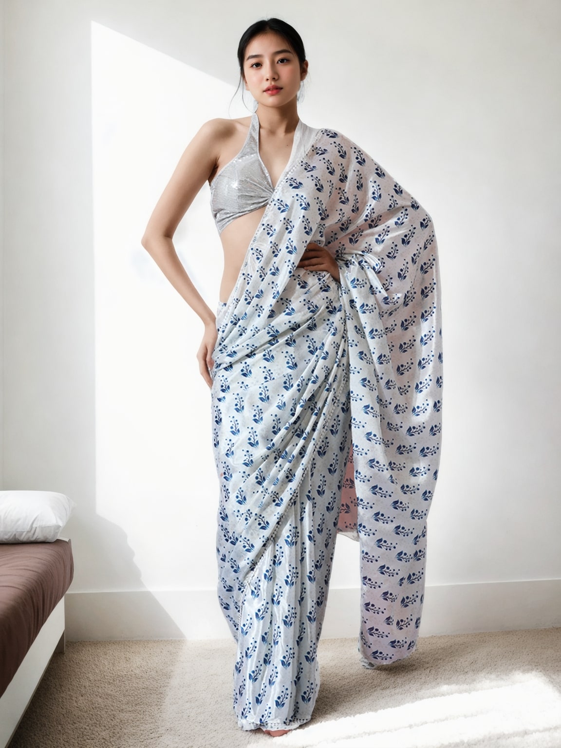 Women's Blue Chinon Digital Printed Ready To Wear saree With Blouse - Jyoti Fashion