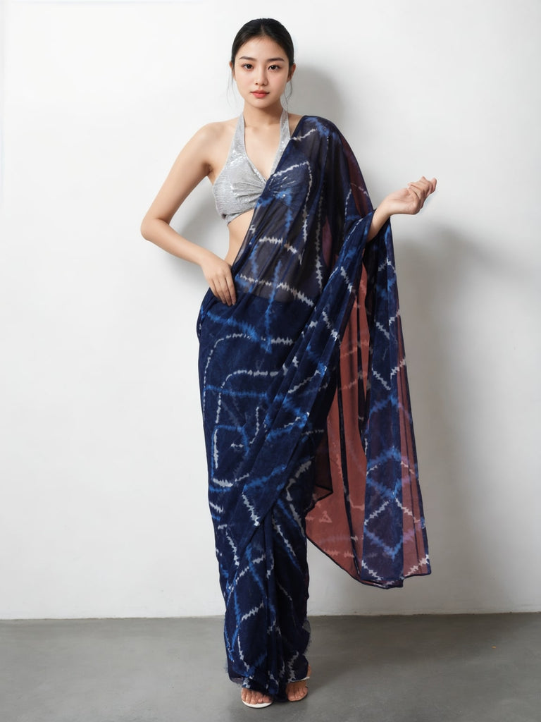 Women's Dark Blue Marble Chiffon Printed Ready To Wear saree With Blouse