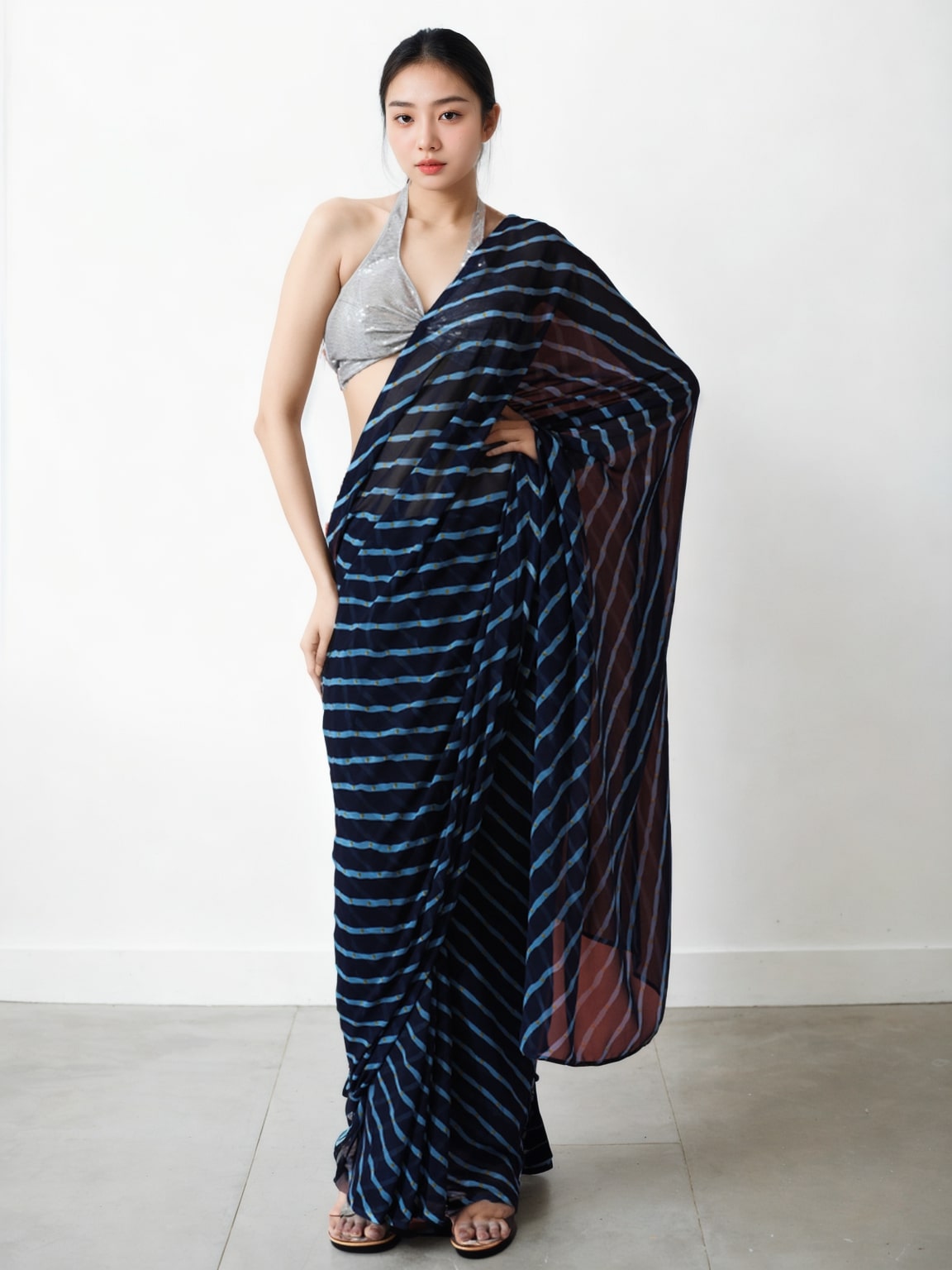 Women's Dark Blue Marble Chiffon Printed Ready To Wear saree With Blouse - Jyoti Fashion