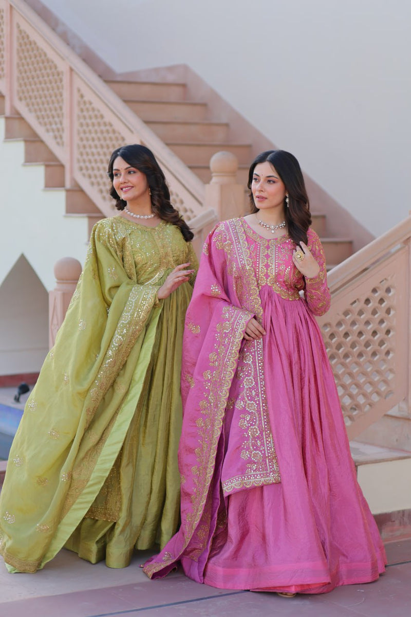 Women's Mehendi & Pink Gold Crush Sequins With Multy Embroidered Anark ...
