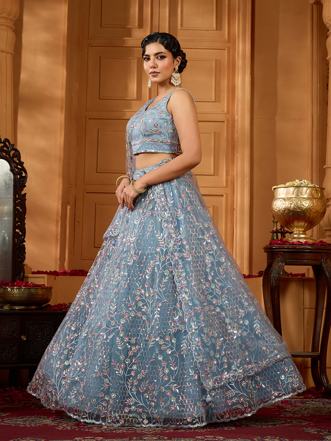 Women's Grey Net Sequins Embroidered Designer Lehenga Choli With Dupatta Women's Grey Net Sequins Embroidered Designer Lehenga Choli With Dupatta