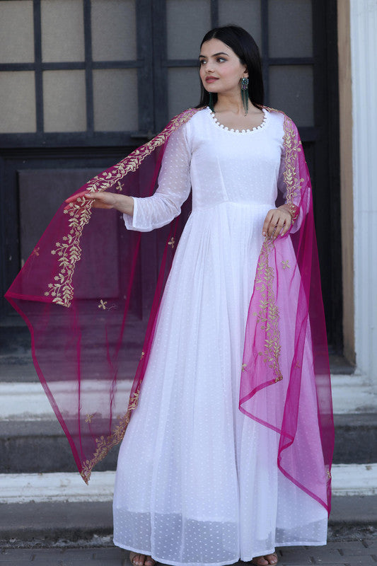 Women's White Faux Georgette Butti Work Anarkali Dress With Dupatta - Jyoti Fashion