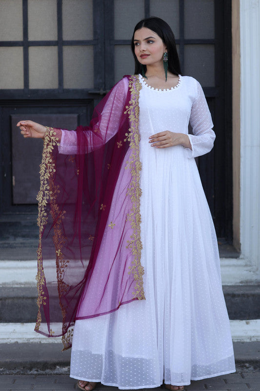 Women's White Faux Georgette Butti Work Anarkali Dress With Dupatta - Jyoti Fashion