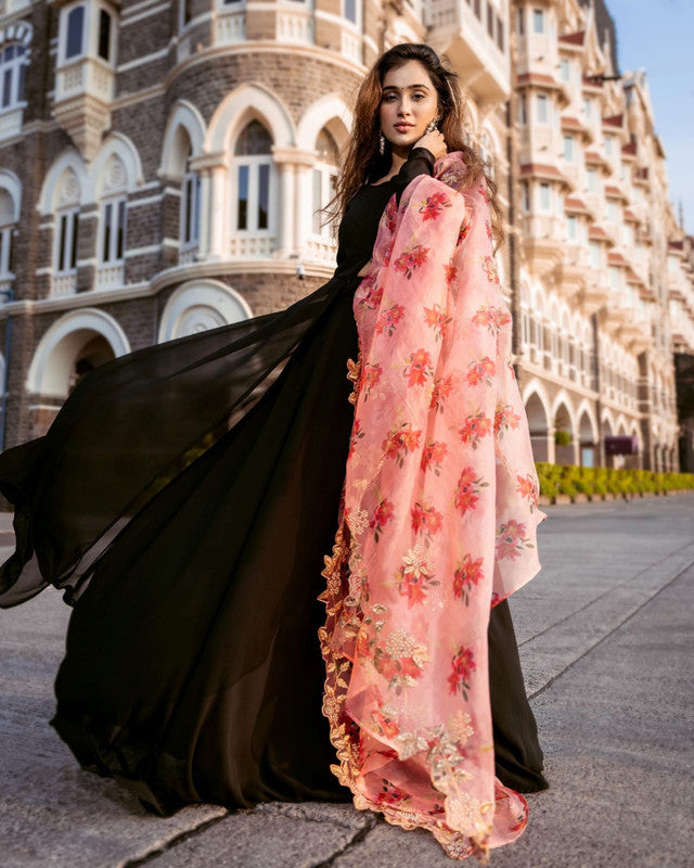 Women's Black Faux Blooming Partywear Anarkali Dress With Dupatta - Jyoti Fashion