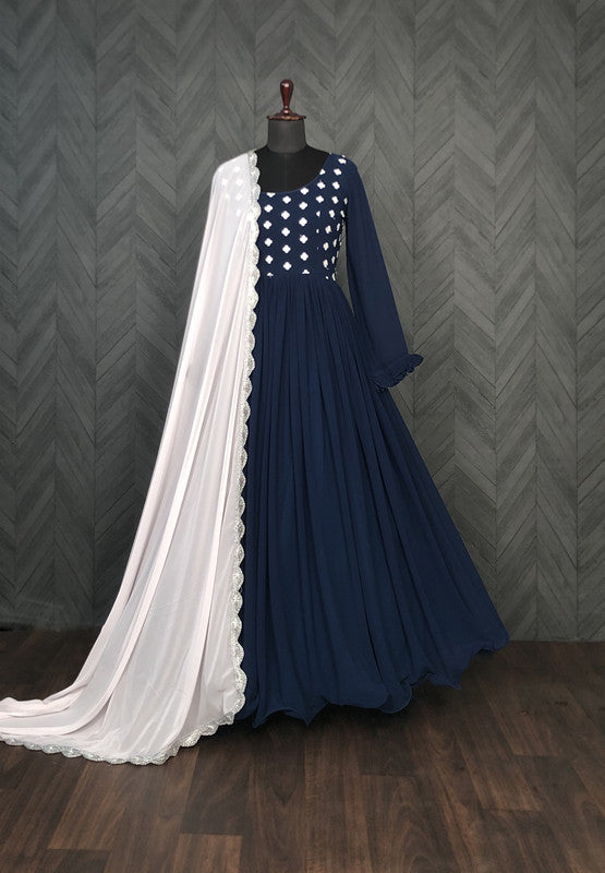 Women's Navy Blue Faux Blooming Thread Embroidery Partywear Anarkali Dress With Dupatta - Jyoti Fashion