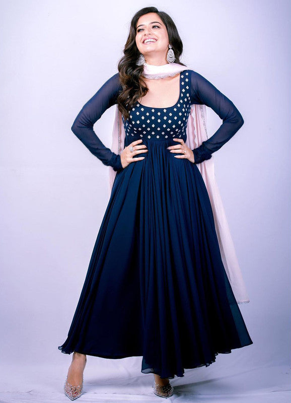 Women's Navy Blue Faux Blooming Thread Embroidery Partywear Anarkali Dress With Dupatta - Jyoti Fashion