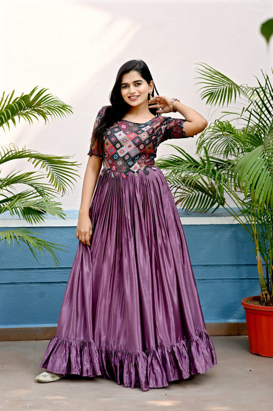 Women's Purple  Sequins Work Chinon Partywear Anarkali Dress - Jyoti Fashion