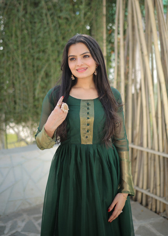 Women's Green Chiffon Zari Woven Festive Anarkali Dress - Jyoti Fashion