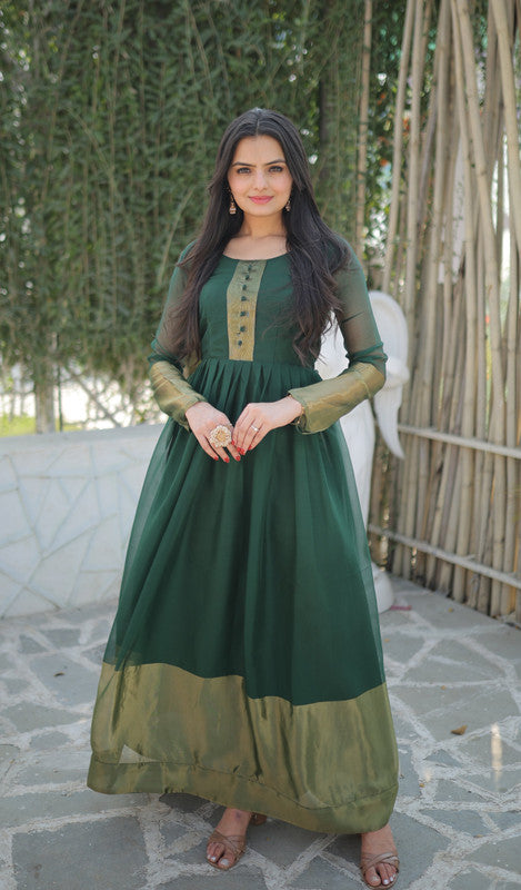 Women's Green Chiffon Zari Woven Festive Anarkali Dress - Jyoti Fashion