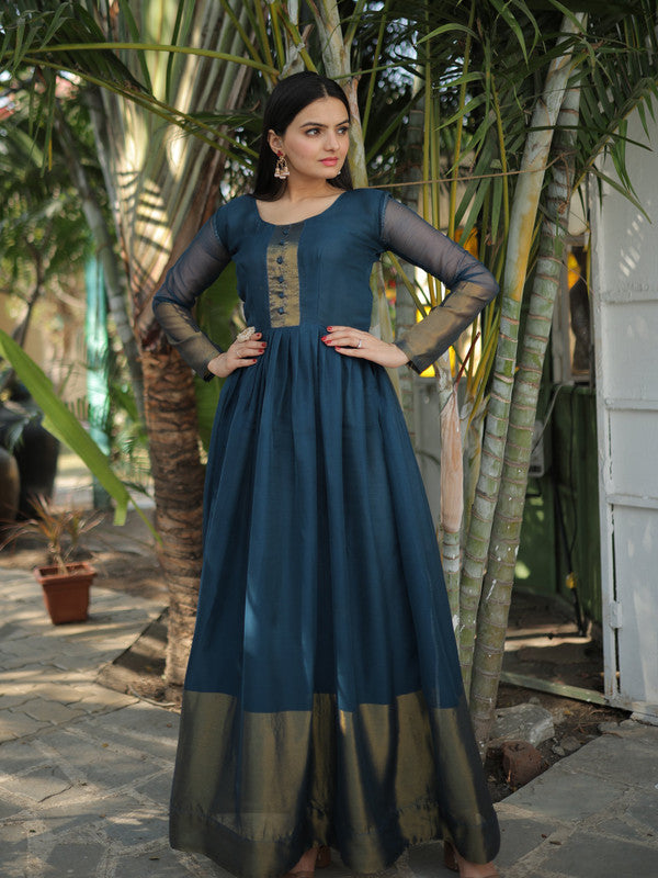 Women's Blue Chiffon Zari Woven Festive Anarkali Dress - Jyoti Fashion